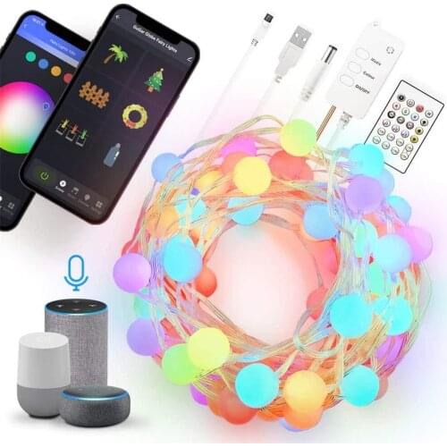 5/10M Wifi Bluetooth App Control String Lights For Outdoor Holiday Smart Globe Ball Christmas Fairy Garland Light With Remote