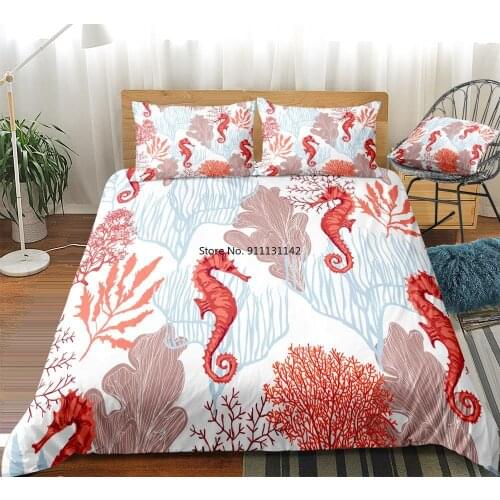 Seahorse Bedding Set Ocean Duvet Cover Set Coral Bed Linen Marine Life Home Textile Orange SeahorseBed Set Microfiber Bedclothes