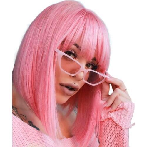 Short Bob Wig Pink Synthetic Hair Bob With Bangs Heat Resistant Fiber Hair Machine Made Replacement Wig for Women Girls
