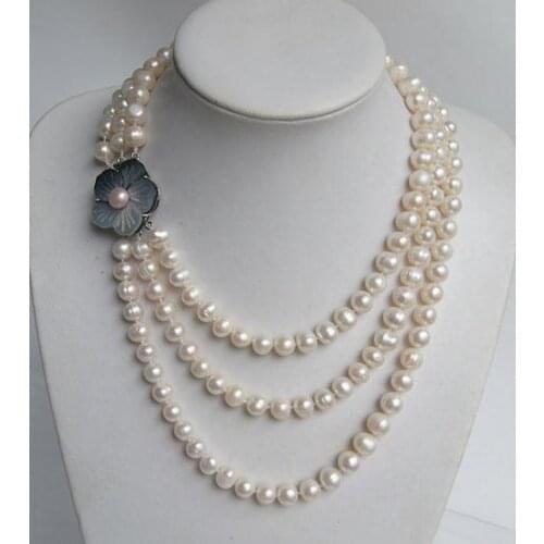 Favorite Pearl Necklace 3 Rows AA 8-9MM White Color Genuine Freshwater Pearl Necklace Sea Shell Flower Clasp Bridesmaid Gift