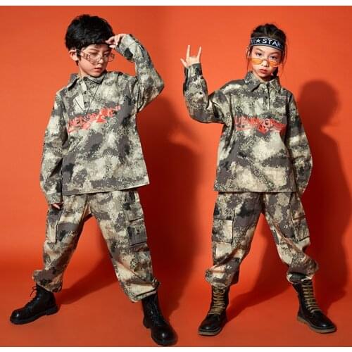 Ropa de moda de hip-hop para niño, camisa grande, parte superior, ropa informal de camuflaje, pantalones de camuflaje táctico