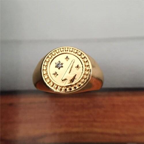 New Ring Gold Color Lightening Engraved Clear Stone Textured Ring For Women Girl Elegant Gorgeous Casual Chic Boho Jewelry