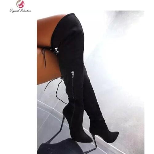 Original Intention Charming Over Knee Boots Sexy Lady Boots Pointed Toe Super High Heels Black Shoes Woman Winter Plus Size 4-15