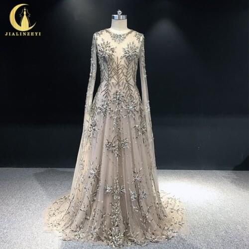 JIALINZEYI Real Sample Luxurious Beads Brown Long Sleeves A-line Fromal Party Dresses Evening Dresses