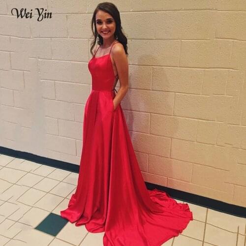 Weiyin AE0582 Red Blue Long Prom Dresses Simple A Line Cheap Prom Gown Spaghetti Straps Cross Back Evening Dress