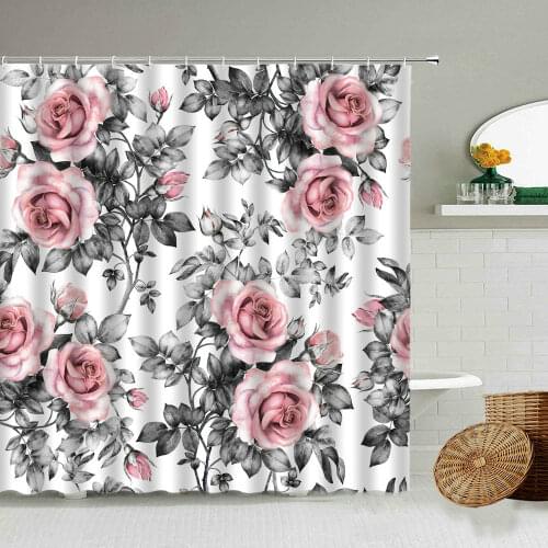 Pink Blue Purple Rose Flower Bud Leaf Shower Curtain White Background Bathroom Waterproof Polyester Curtains Home Decoration Set