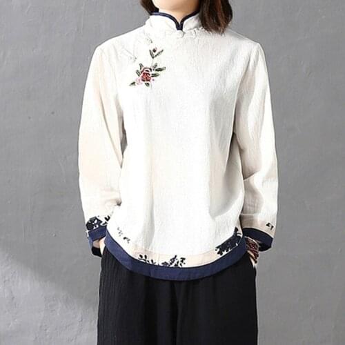 Cheongsam Tops Women 2021 Autumn Vintage Blouse Long Sleeve Cotton Linen Shirt Ethnic Buttons Blusas Solid Tunic Tops AA4280