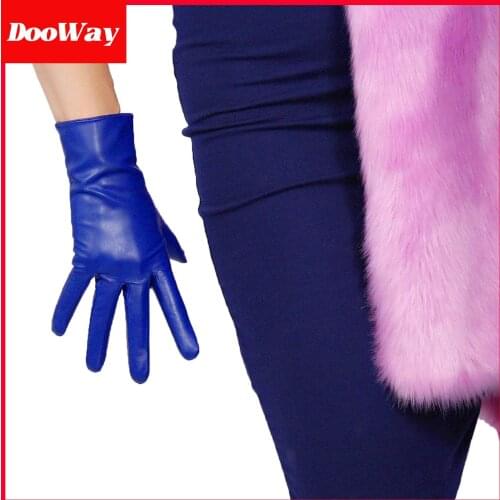 DooWay Women Real Leather Gloves Blue Imported Goatskin Leather Wrist Short Vintage Classic Warm Driving Gloves