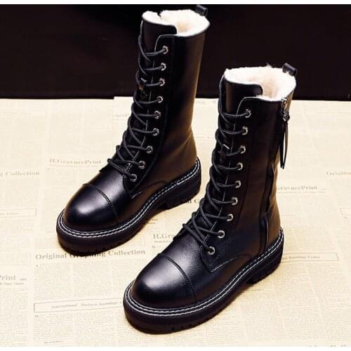 Mid-Calf Snow Boots Women PU Waterproof Leather Shoes Plush Warm Winter Shoes Women Zipper Black Platform Shoes 4cm Martin Boots