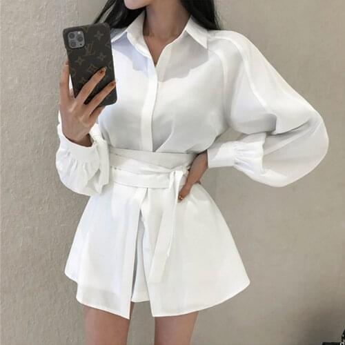 Autumn Casual Short Suits for Women Lace Up Lantern Sleeve Blouse And Wide Leg Shorts 2021 Pant Suits Female Two Pieces Set