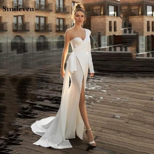 Smileven Sexy Mermaid Wedding Dresses One Shoulder Glitter Bride Gown Backless Satin Wedding Gown Vestido de novia 2021