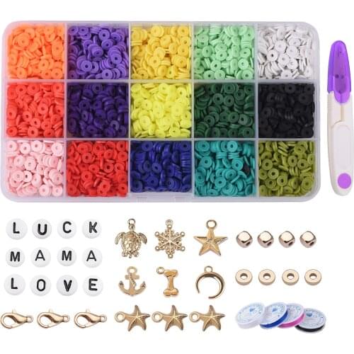 Rainbow Polymer Clay Beads Kit 6mm Heishi Beads Letterbeads with Golden Pendant Flat Round Spacer Beads for Jewelry Making
