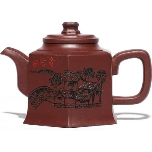 Engraved Six-party Admiral Pot Zisha Teapot Yixing Handmade Pot Kung-fu Teaware Purple Clay Drinkware For Puer Green Black