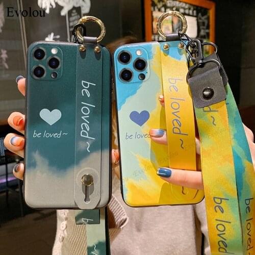 Watercolor Wristband Stand Case For iphone 12 Pro Max 11 XS XR 8 7 Plus 6S 12 mini Camera Lens Protection Cover Lanyard Couqe