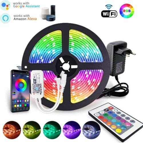 RGB LED Strip 5050 2835 Flexible Tape Neon Ribbon 5m 10m 15m 20m LED Strip Light RGB + Wifi Music Controller + 12V Power Adapter