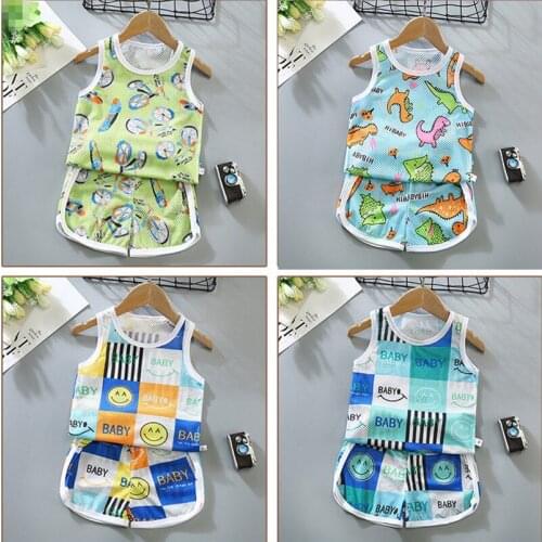 Children Thin Vest Pants Tracksuits Baby Boy Hollow Out Breathable Two Pieces Clothing Set Kid Cartoon Letter Sleeveless Outfits