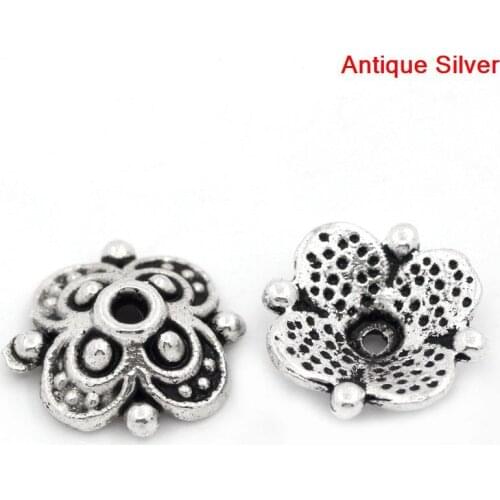 Doreen Box Lovely Bead Caps Flower Silver Color(Fits 12mm-14mm Beads) 10x10mm,Hole:Approx 1.3mm,100PCs (B25971)