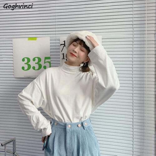 Women T-shirts Large Size 2XL Solid Long Sleeve Turtleneck Plus Velvet Bottom Top Preppy Style Students Casual Loose Inside Tees