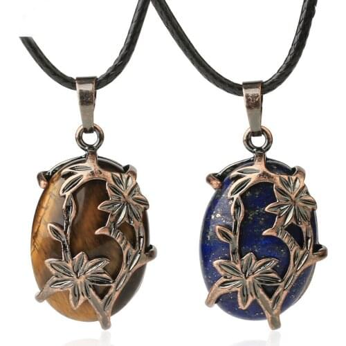 Classic Natural Stone Pendant Necklace Hollow Bronze Flower Setting Multi Colors Jewelry for Men or Women