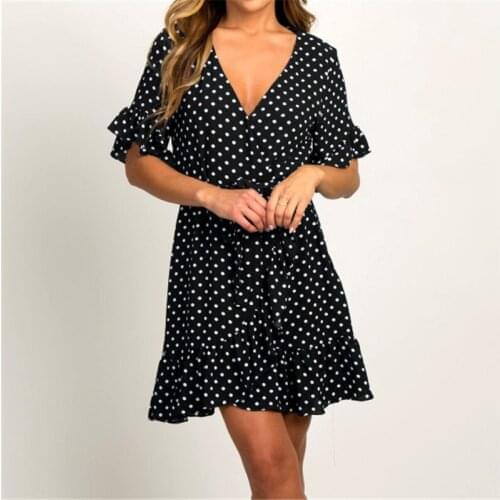 2021 Summer Chiffon Dress 2021 Boho Style Beach Dress Fashion Short Sleeve V Neck Polka Dot A-Line Party Dress Sundress Vestidos