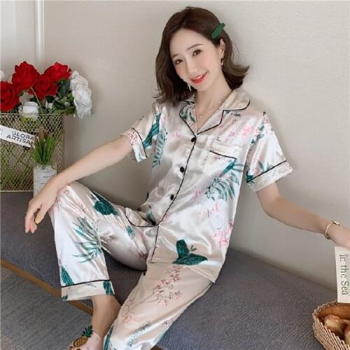 Hot Sale Short Sleeve Silk Pajamas Soft Women Summer Home Set Girl Sleepwear Pyjamas Plus Size 3XL 4XL 5XL 85kg Nightwear Set