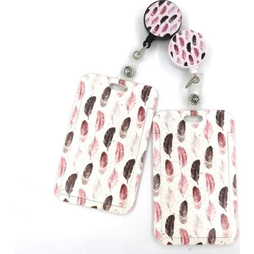 Leaves Feathers Cartoon Retractable Badge Reel Lanyard Nurse ID Business Credit Card Work Card Badge Holder Office Student Clips