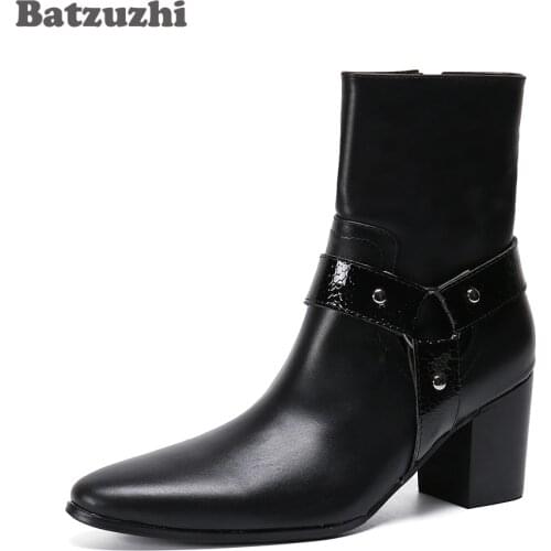 Batzuzhi Men Boots New Black Leather Ankle Boots Men 7.5cm High Heels Pointed Toe Ankle Boots for Men Wedding & Party,Size 38-46