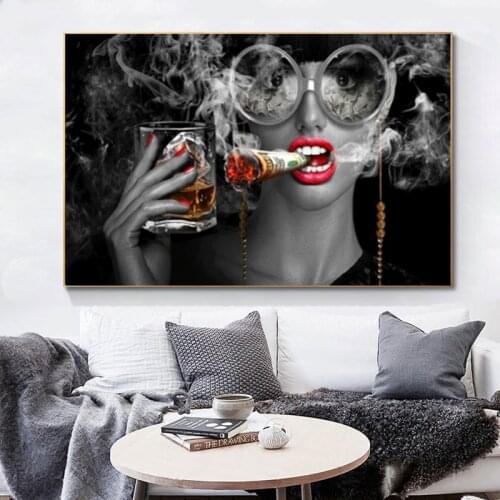 Bar Wall Decor Cool Girl Smoking and Drinking Poster Print on Canvas Fashion Makeup Woman Wall Pictures Home Decoration Cuadros