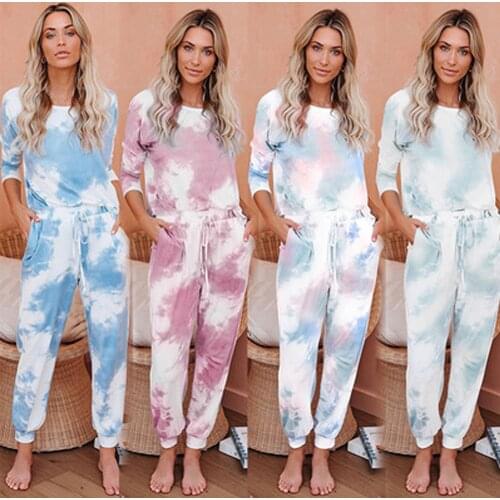 2020 Spring and Autumn New Casual Printing Tie-dye Long-sleeved Home Suit Round Neck Ladies Pajamas Two-piece Pajama Sets Women