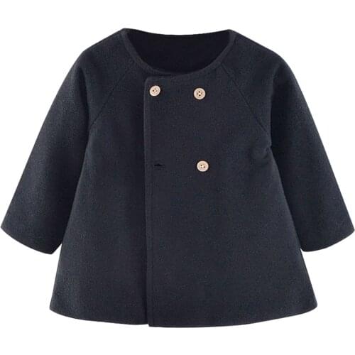 Solid Woolen Coat Baby Girls Long Sleeve Round Collar Buttons Jackets Spring Autumn Infant Fashion Daily Street Outerwear