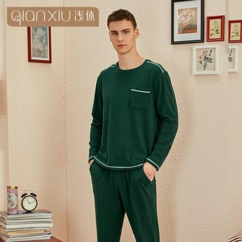 Autumn Winter gray & green color Mens Pyjamas Double-sided sanding man Pajamas Set Casual Male Sleepwear Pijamas Homewear