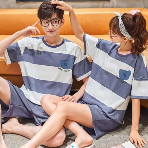 Summer Couple Pajamas Set Cotton Short Sleeve O-Neck Casual Women & Men Nightwear Cartoon Stripe Lover Sleepwear Family Homewear