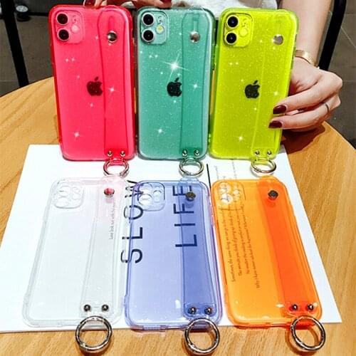 Luxury Glitter Powder Fluorescent Phone Case For iPhone 12Pro Max 11 XR XS MAX 7 8 Plus Wrist Strap Stand Transparent Soft Cover