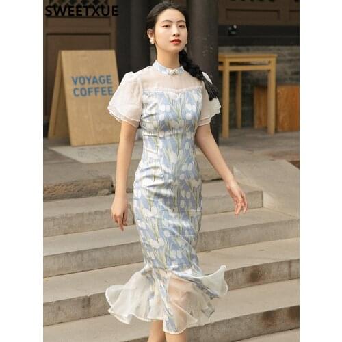 SWEETXUE Retro Printed Mermaid Modified Cheongsam Dress Summer Casual Elegant Fashion Chic Female Vestidos Robe Mujer