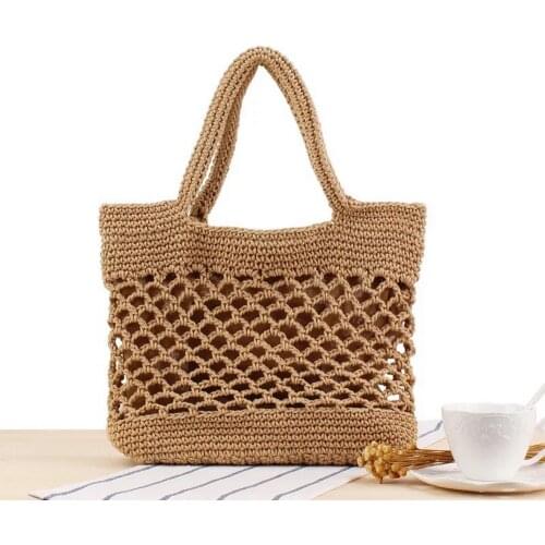 Wholesale 2021 New Handmade Woven Straw Shoulder Rattan Bag Girl Woven Macrame Net Hemp String Summer Beach Bag