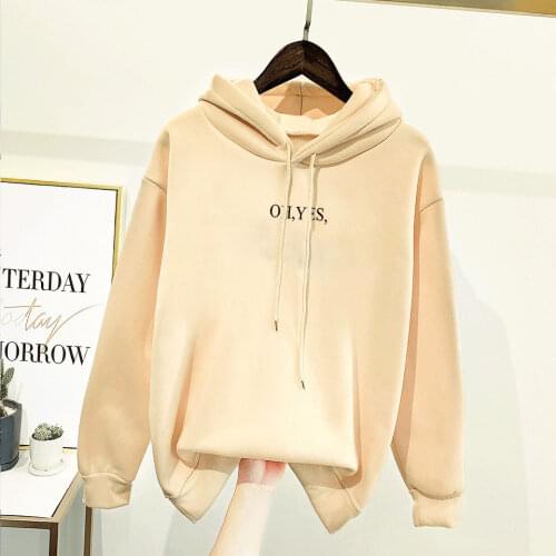Women Hooded Sweatshirts Autumn Winter Long Sleeve Letter Printed Fleece Hoodies Ladies Casual Thicken Oversized Pullovers Tops
