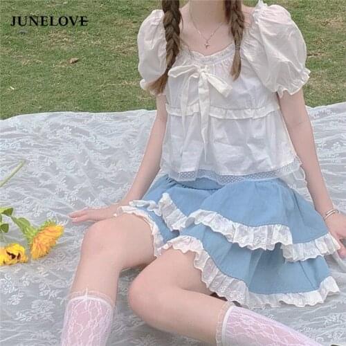 JuneLove Summer Kawali Lolita Suit Women Solid Japanese Style Elegant Sweet Blouse Casual Puff Sleeve Designer Suit for Women