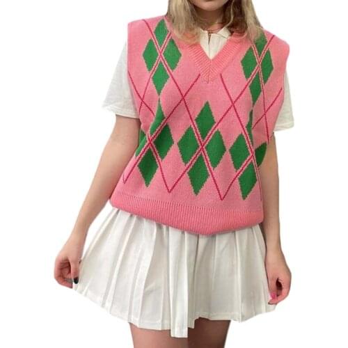Women Retro Pink Knitted Sleeveless Vest Preppy Style V-Neck Plaid Diamond Loose Sweater Vintage Argyl Jumper Tops