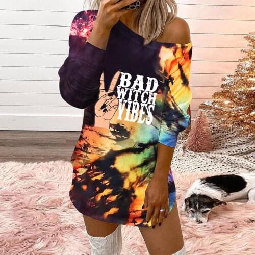 40# Tie-dye Letter Print Mini Dress Women O-neck Color-blocking Long-sleeved Color Block Shirt Dresses Elegant Warm Slim Dress