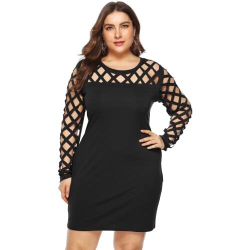 Plus Size Womens Black Blue Red Clothes Sexy Cutout Round Neck Burnt Flower Fashion Long Sleeve Hip Skirt Solid Color Dress