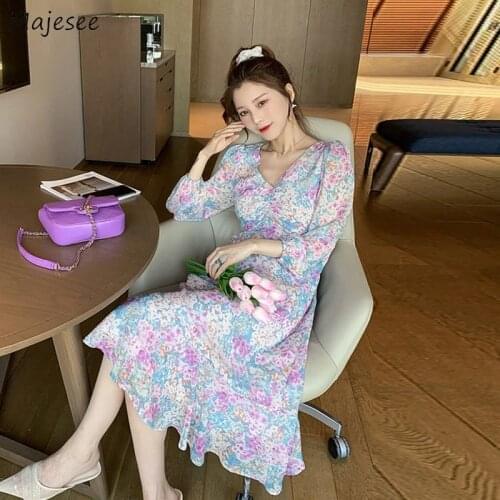 Three Quarter Lantern Sleeve Dress Women Floral Mid-calf Korean Sweet Style Lovely Vintage Ladies Slim Loose Leisure All-match