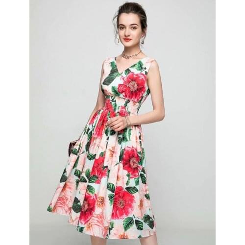 2021 spring and summer new womens rose flower print elastic waist sleeveless V-neck vest dress slim slimming evening dress