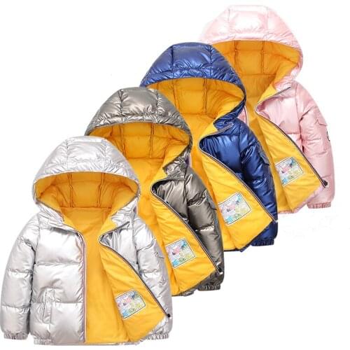 Winter Kids Boys Warm Coat Fashion Toddler Girls Down Jacket Silver Pink Blue Gray Children Hooded Outerwear Warm Baby Clothes