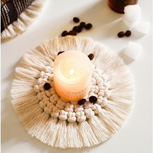 1 Pcs Round Cotton Braid Heat Insulation Placemat Boho Style Non-Slip Handmade Macrame Cup Cushion Mat for Table Decor