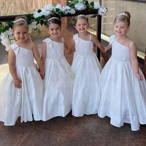 White Flower Girl Dress Bow A-Line One Shoulder Dresses For Girls Cute Little Girls Wedding Party Dress First Communion Gown