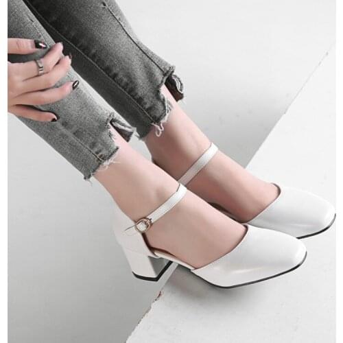 PXELENA Korean Concise Block Med Heels Sandals Office Lady Shoes Square Toe Shallow Ankle Strap Women Sandals Black White Pink