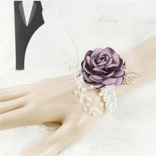 Meldel Boutonniere and Wrist Corsage Wedding Bridesmaid Bracelet Men Brooch Pins Silk Rose Girl Corsage Wedding Guests Accessory