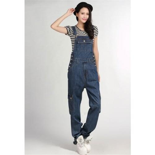 2021 Spring New Denim Bib female Korean Casual piece trousers Loose Thin Multi-pack Sling Large size jeans More Size 28-50