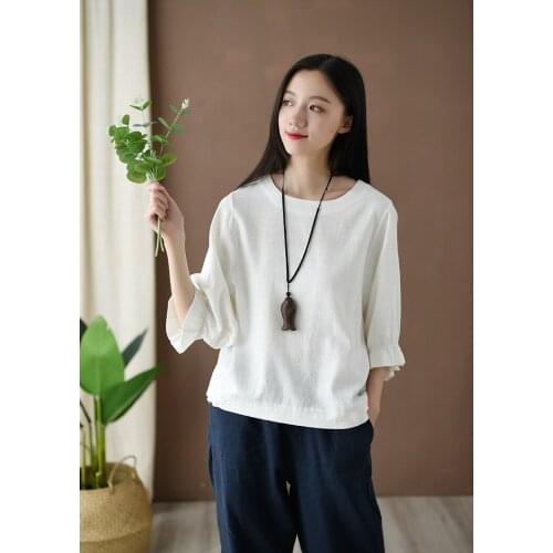 Shanghai Story Round Neck Half Sleeve Cotton Linen T-Shirt Princess Sleeve Tunic Top