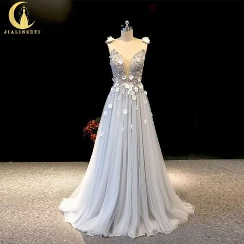 JIALINZEYI Real Sample SPaghetti Straps Sliver Crystal Beads With Flowers Sexy Formal Dress for Party Evening Dresses